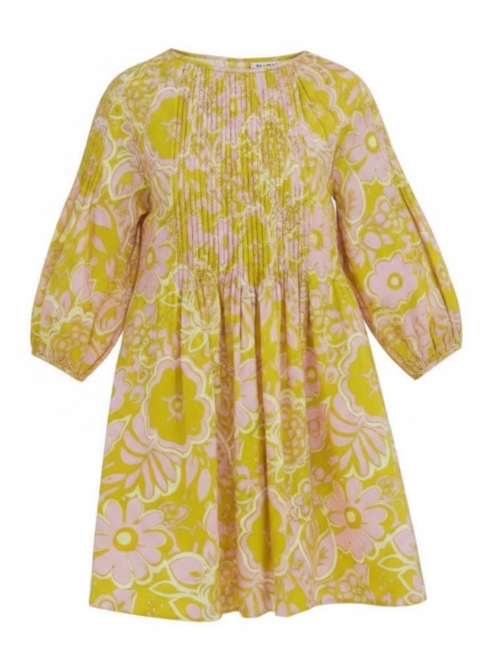Whit Pintuck Dress Organic Cotton Ashbury Floral Mini Dress Chartreuse Pink XS